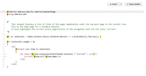 Umbraco navigation code snippet.